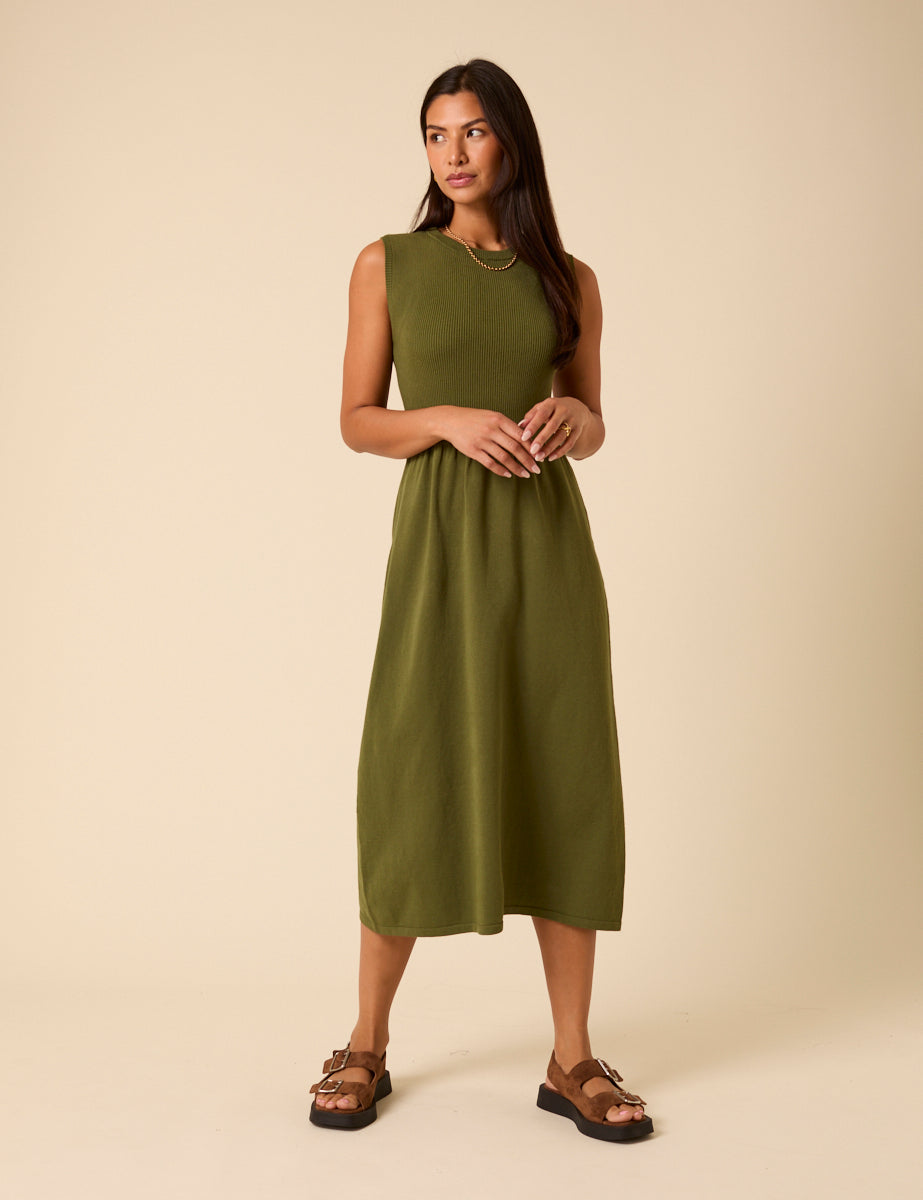 Green Sleeveless Knitted Midi Dress