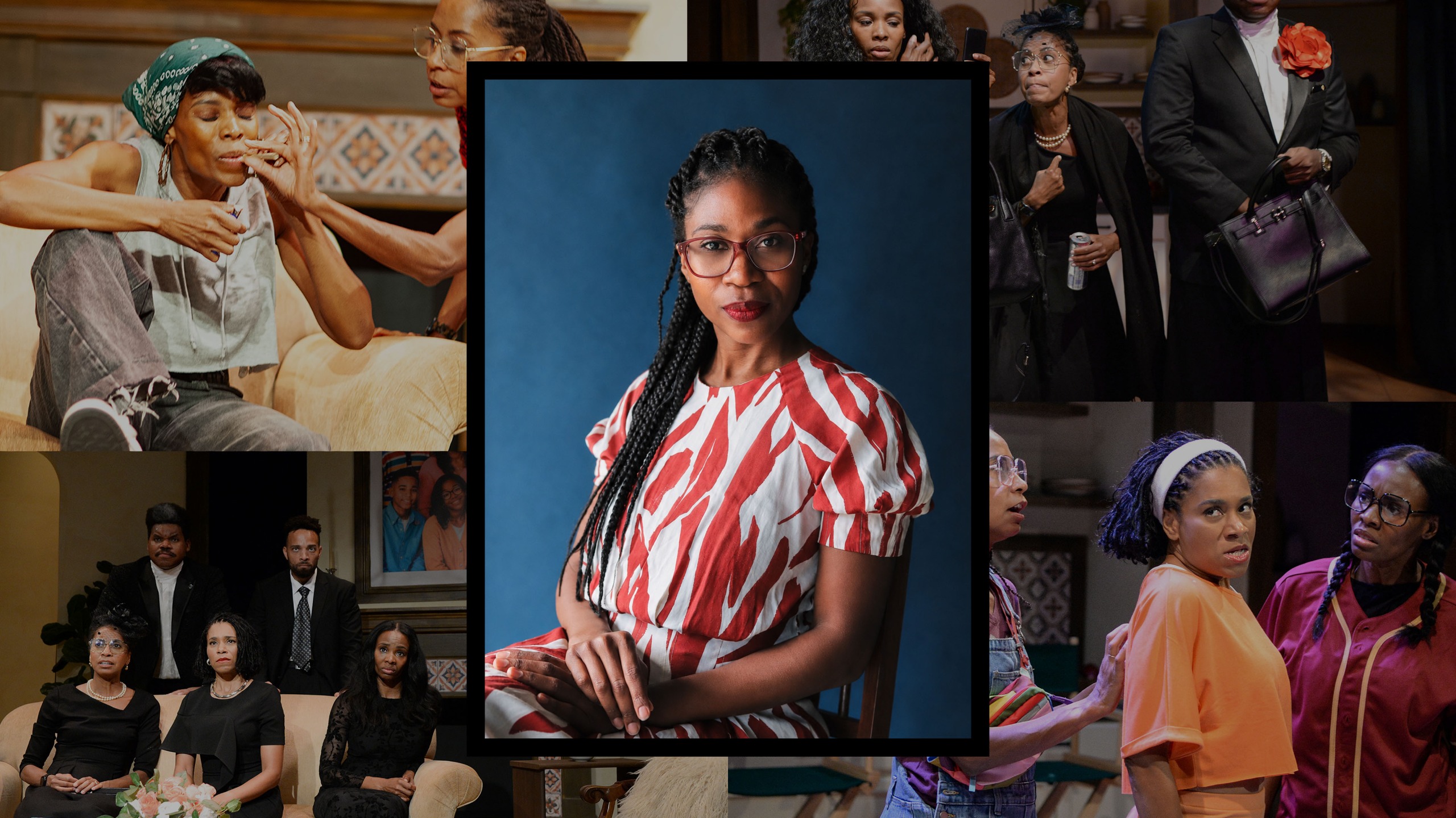 A collage of production photos from the play 'The Peterson Show,' with a portrait of playwright Janine Nabers at the center.