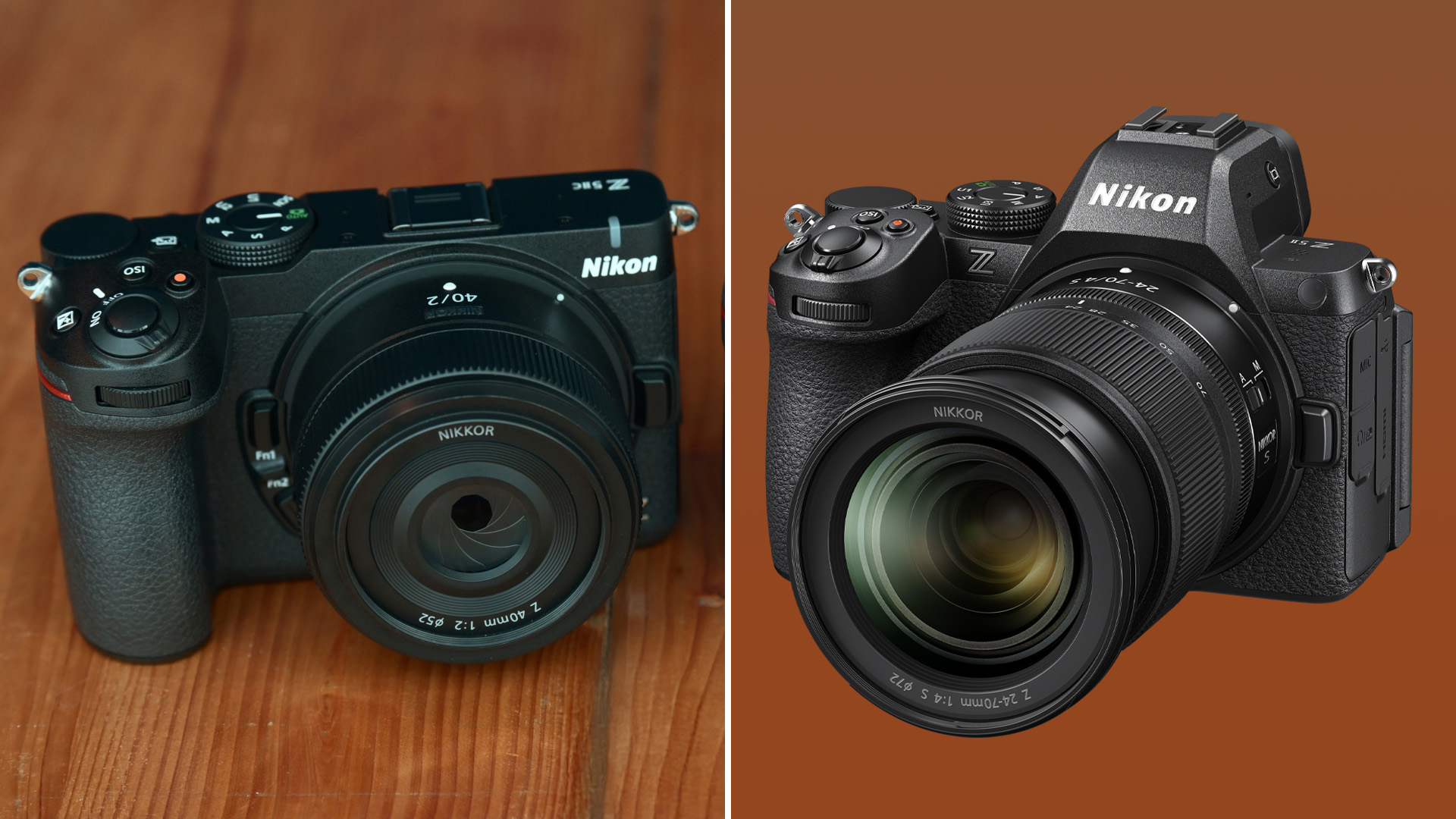 Nikon Z5IIC and Nikon Z5II next to each other on a  brown background 