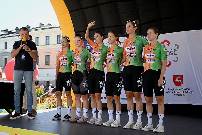 ZAMOSC, POLAND - AUGUST 12: Alicia Gonzalez, Lucie Fityus, Severine Eraud, Alison Avoine, Adele Normand and Clemence Chereau of France and Team St Michel - Preference Home - Auber93 WE prior to the 13th Tour de Pologne Feminin, Stage 1 a 105.7km stage from Zamosc to Zamosc on August 12, 2025 in Zamosc, Poland. (Photo by Szymon Gruchalski/Getty Images)
