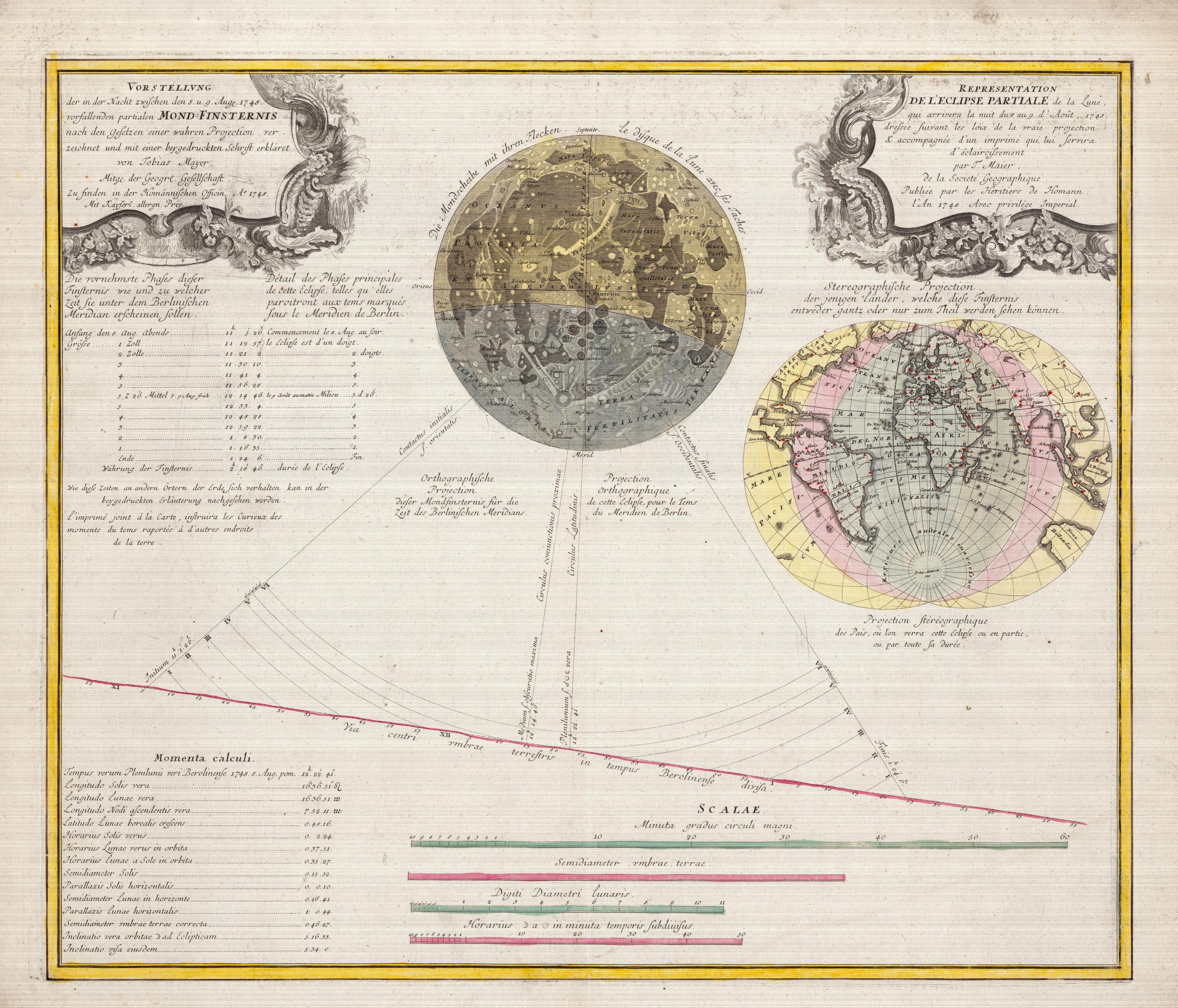 a sketch of the moon accompanied by large lines pointing to a timeline of events for a lunar eclipse. the shadow of the moon on the earth is shown in a different drawing on the right of the page. text surrounding the sketches in tables describes technical parameters of the lunar eclipse