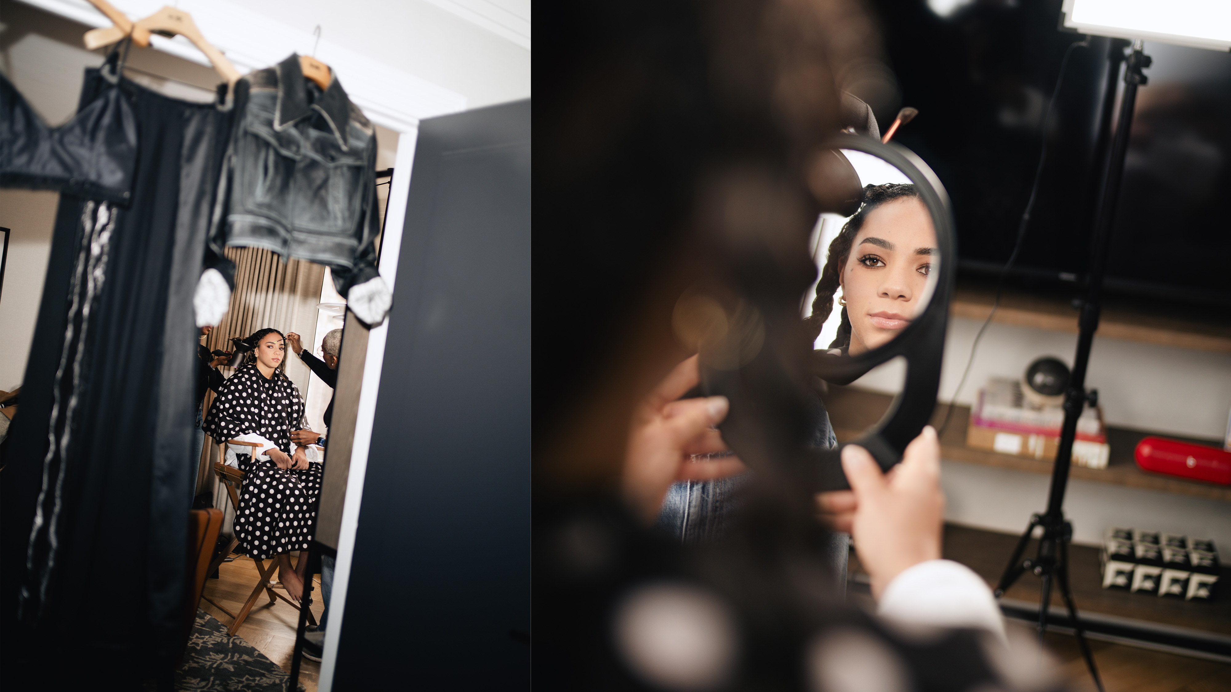 A side-by-side image of Kiki Rice getting her hair and makeup done ahead of the 2026 WNBA Draft in New York City.