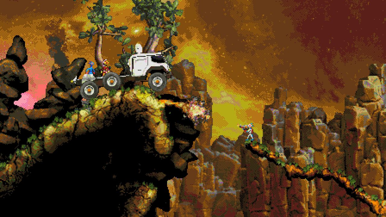 Yellow cliffs with truck driving around in Moons of Darsalon