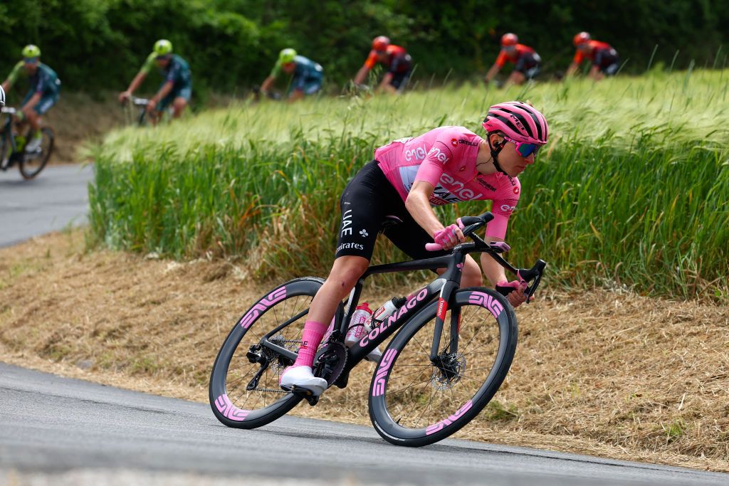 Team UAE's Slovenian rider Tadej Pogacar rides during the 12th stage of the 107th Giro d'Italia cycling race, 193km between Martinsicuro and Fano, on May 16, 2024. (Photo by Luca Bettini / AFP)