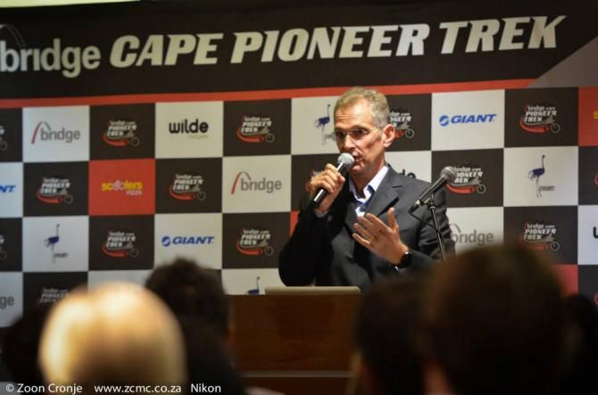 Master of Ceremonies, Gerald de Kock, addresses the guests at the Johannesburg launch of the 2013 Bridge Cape Pioneer Trek.