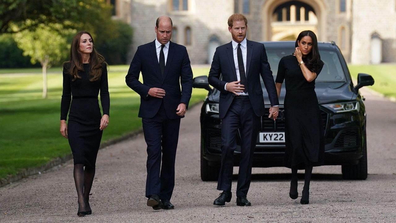 The Princess and Prince of Wales on the Long Walk at Windsor Castle with the Duke and Duchess of Sussex