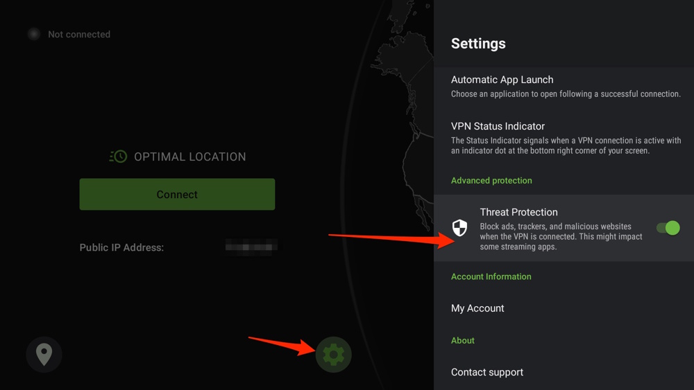 A screenshot of an IPVanish settings menu with Threat Protection toggled on.