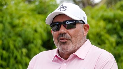 Angel Cabrera sits for an interview prior to the Barbados Legends hosted by Ian Woosnam at Apes Hill Barbados on May 02, 2024 in Holetown, Saint James, Barbados
