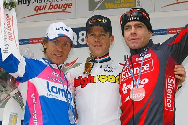 Cunego, Kirchen and Evans on the 72nd Fleche Wallonne podium.