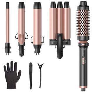 Wavytalk 5 in 1 Curling Wand Set, Dual Voltage Curling Iron Set With 5 Interchangeable Barrels Included a Thermal Brush, a Hair Crimper and 3 Ceramic Curling Wands(0.5"-1.25"), Rose Pink