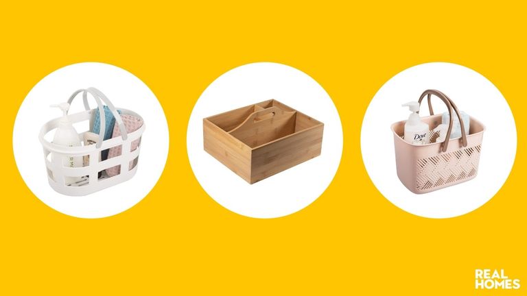 Best cleaning caddies: white caddy, bamboo caddy and pink caddy