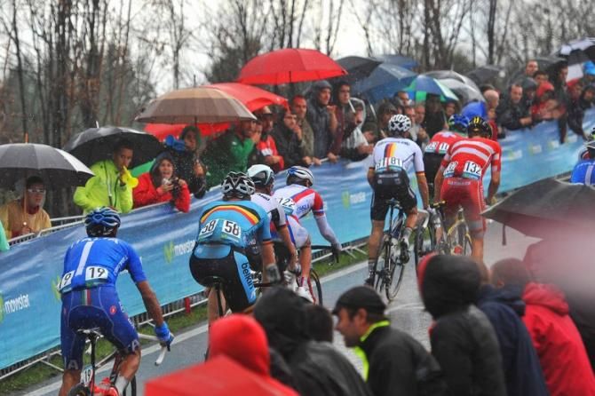 A small group of riders off the back of the bunch