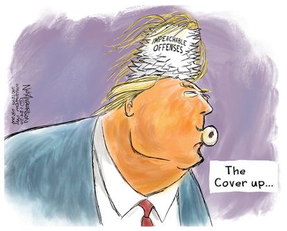 Political Cartoon U.S. Trump impeachment trial hair piece cover up