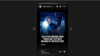 A screenshot of Matt Shakman's Instagram Stories that seemingly confirms Pedro Pascal as Reed Richards in Marvel's Fantastic Four film reboot