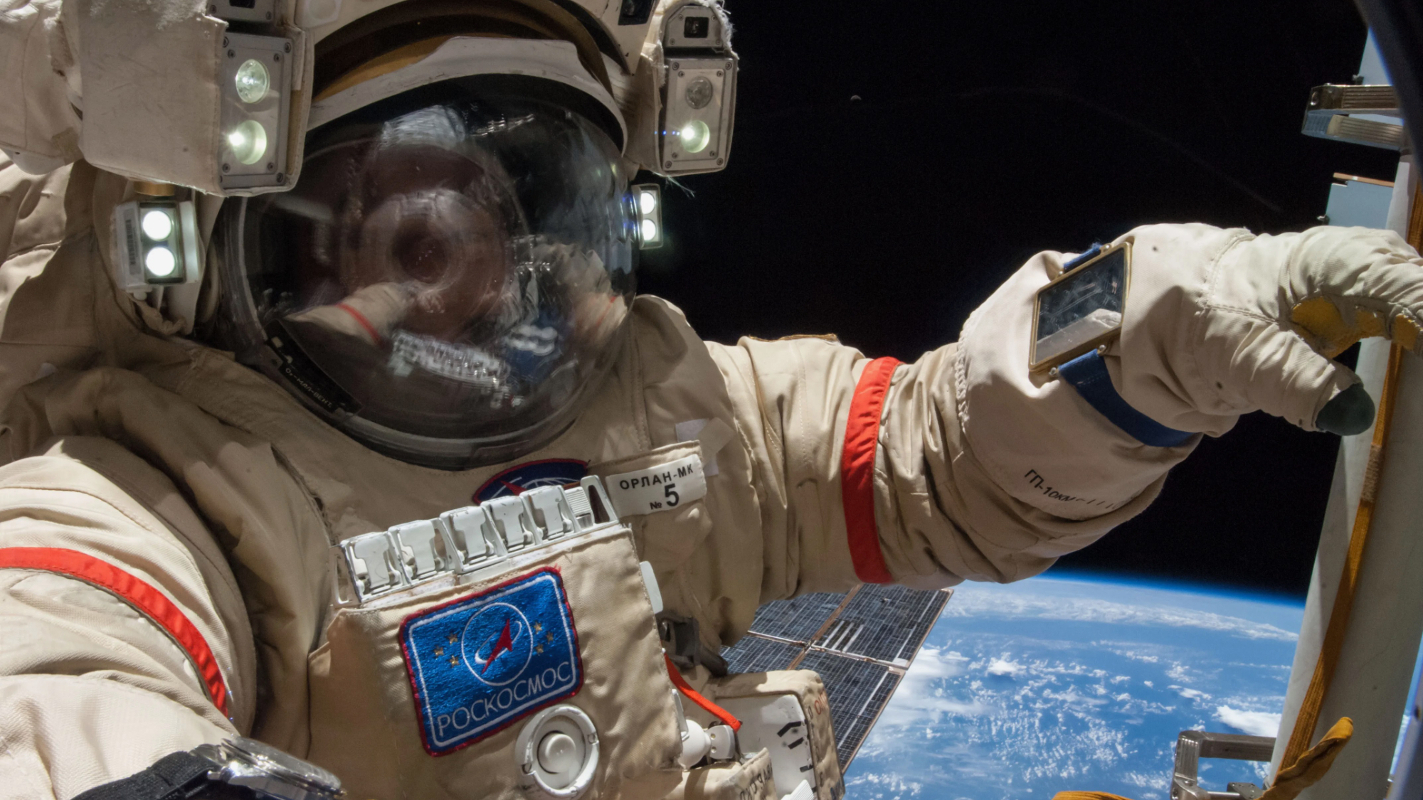 Russian cosmonaut Alexander Skvortsov performs a spacewalk in support of science and maintenance on the International Space Station on Aug. 18, 2014.