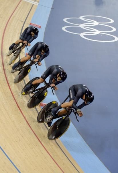 New Zealand's Sam Bewley, Westley Gough, March Ryan and Jesse Sergent compete during the London 2012 Olympic Games men's team pursuit