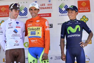 The final podium of Pierre-Roger Latour (Ag2r La Mondiale) third, Alberto Contador first and Nairo Quintana in second