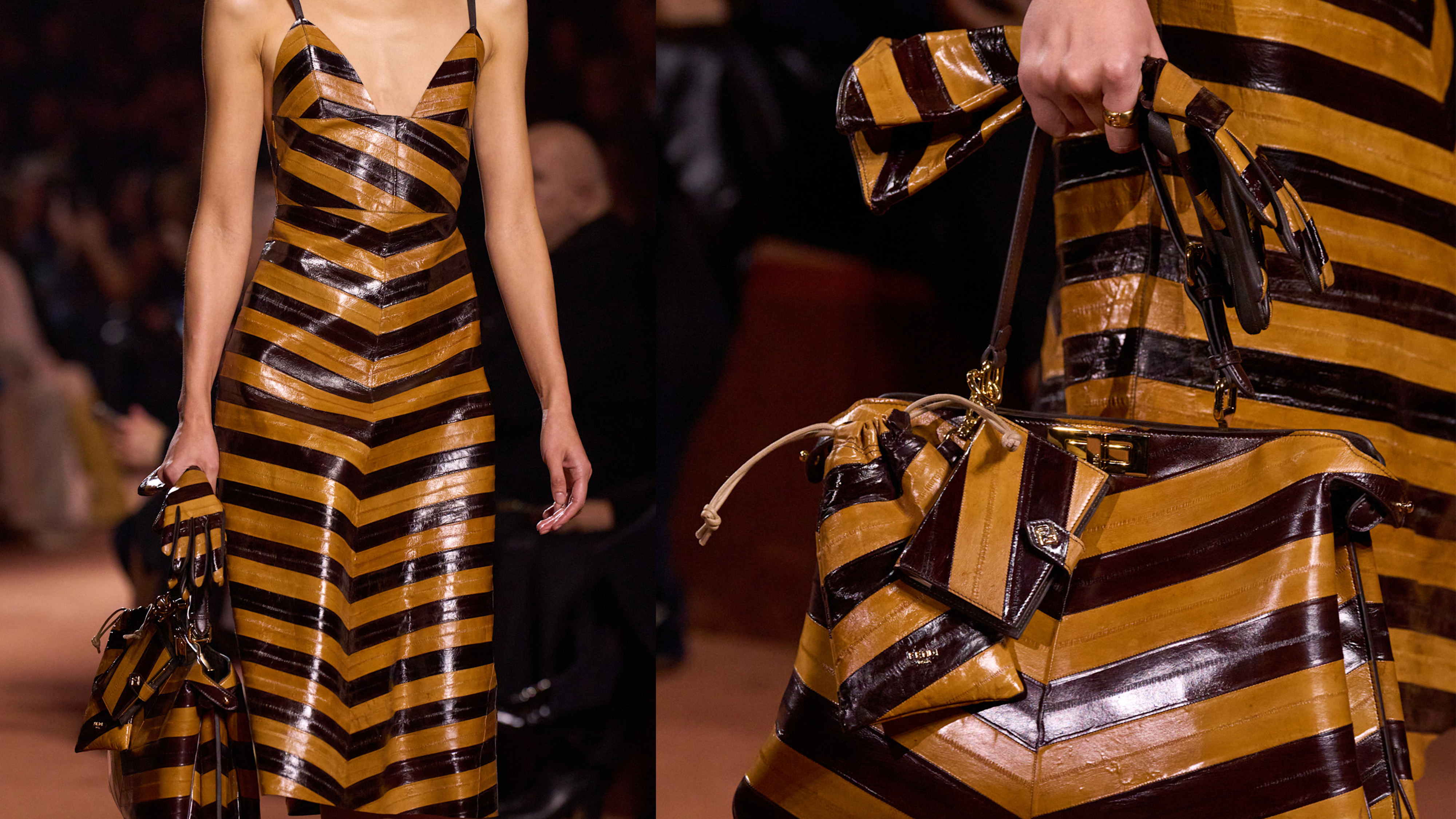 Close-up images of a look from the Fendi FW25 show that feature eel print.