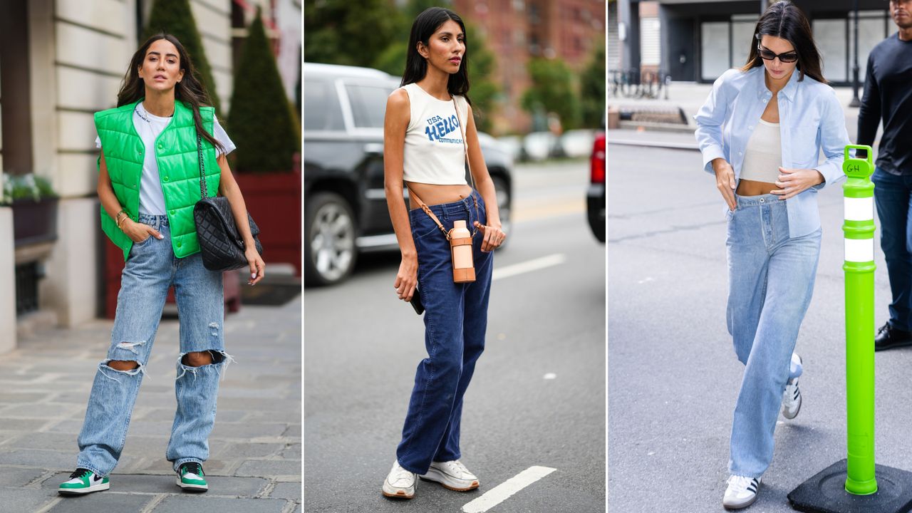 Split image of models wearing jeans with sneakers