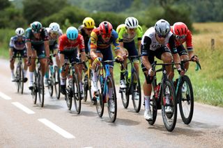 POLIGNY FRANCE JULY 21 LR Matteo Trentin of Italy and UAE Team Emirates and Warren Barguil of France and Team ArkaSamsic compete in the breakaway during the stage nineteen of the 110th Tour de France 2023 a 1728km stage from MoiransenMontagne to Poligny UCIWT on July 21 2023 in Poligny France Photo by Michael SteeleGetty Images