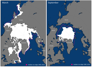 This image shows the average monthly sea ice extents in March 2017 and September 2017, respectively. The magenta line shows the median sea ice extents between 1981 and 2010, a rough estimate of the shape of healthy ice.