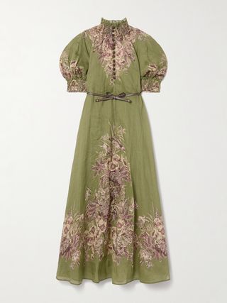 Langes Hanfkleid mit Blumenmuster und Ledergürtel von Ottie