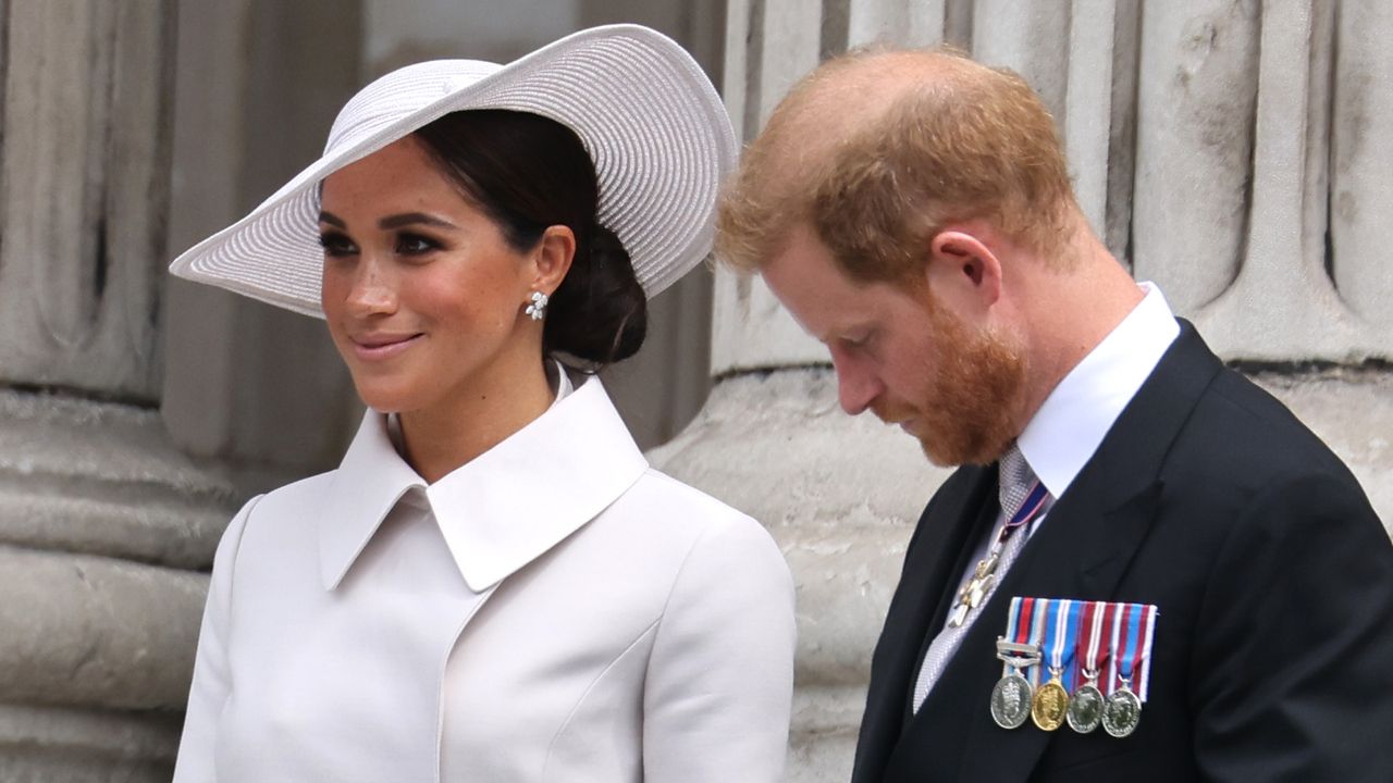 Meghan, Duchess of Sussex and Prince Harry, Duke of Sussex departing St. Paul&#039;s Cathedral after the Queen Elizabeth II Platinum Jubilee 2022 - National Service of Thanksgiving on June 03, 2022 in London, England. 