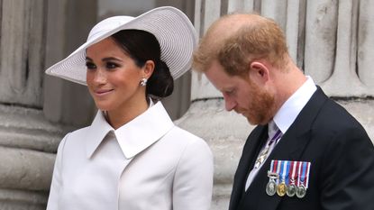 Meghan, Duchess of Sussex and Prince Harry, Duke of Sussex departing St. Paul's Cathedral after the Queen Elizabeth II Platinum Jubilee 2022 - National Service of Thanksgiving on June 03, 2022 in London, England. 