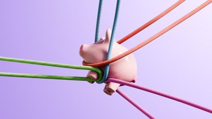 A piggy bank is tangled up in ropes of multiple colors.