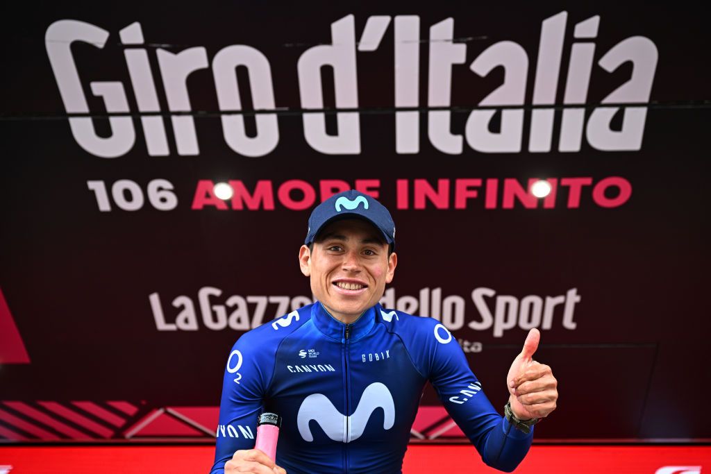 CRANSMONTANA SWITZERLAND MAY 19 Einer Augusto Rubio of Colombia and Movistar Team celebrates at podium as stage winner during the 106th Giro dItalia 2023 Stage 13 a 75km stage from Le Chable to CransMontana Valais 1456m Stage shortened due to the adverse weather conditions UCIWT on May 19 2023 in CransMontana Switzerland Photo by Stuart FranklinGetty Images