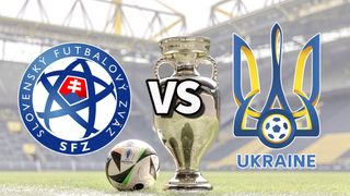 The Slovakia and Ukraine club badges on top of a photo of the Euro 2024 trophy and match ball