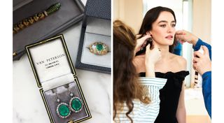 Left: Fred Leighton emerald jewels; Right: Stylist Chloe Hartstein puts on Sarah Pidgeon's earrings.