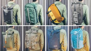 A collage photo combining eight photos of Will Jones wearing the best cycling backpacks
