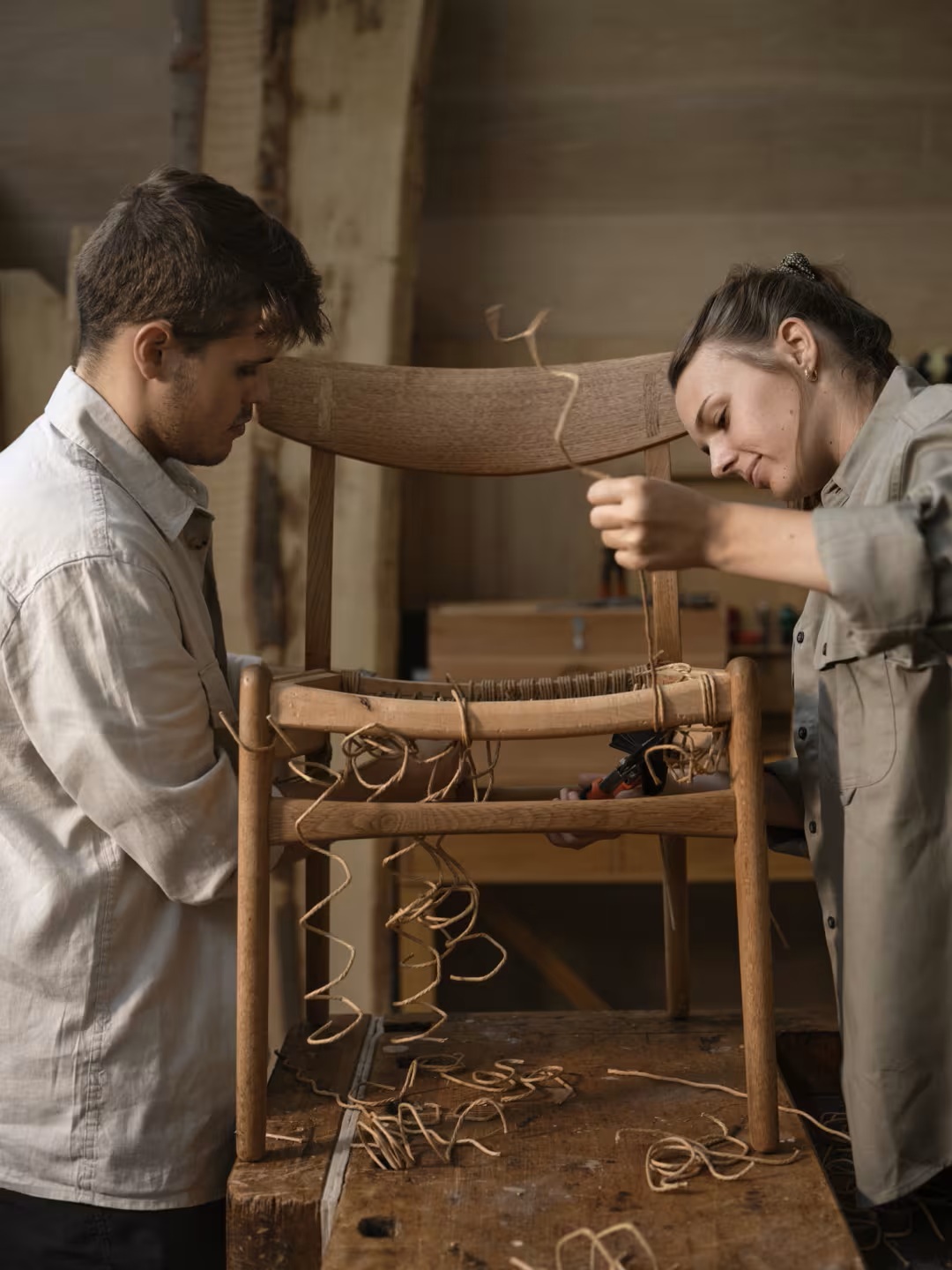 Two apprentices work on a wooden chair with a woven seat in a naturally lit workshop.