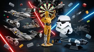 A collage of Star Wars merch on sale at Currys for Star Wars Day, including Lego, darts sets and lights.