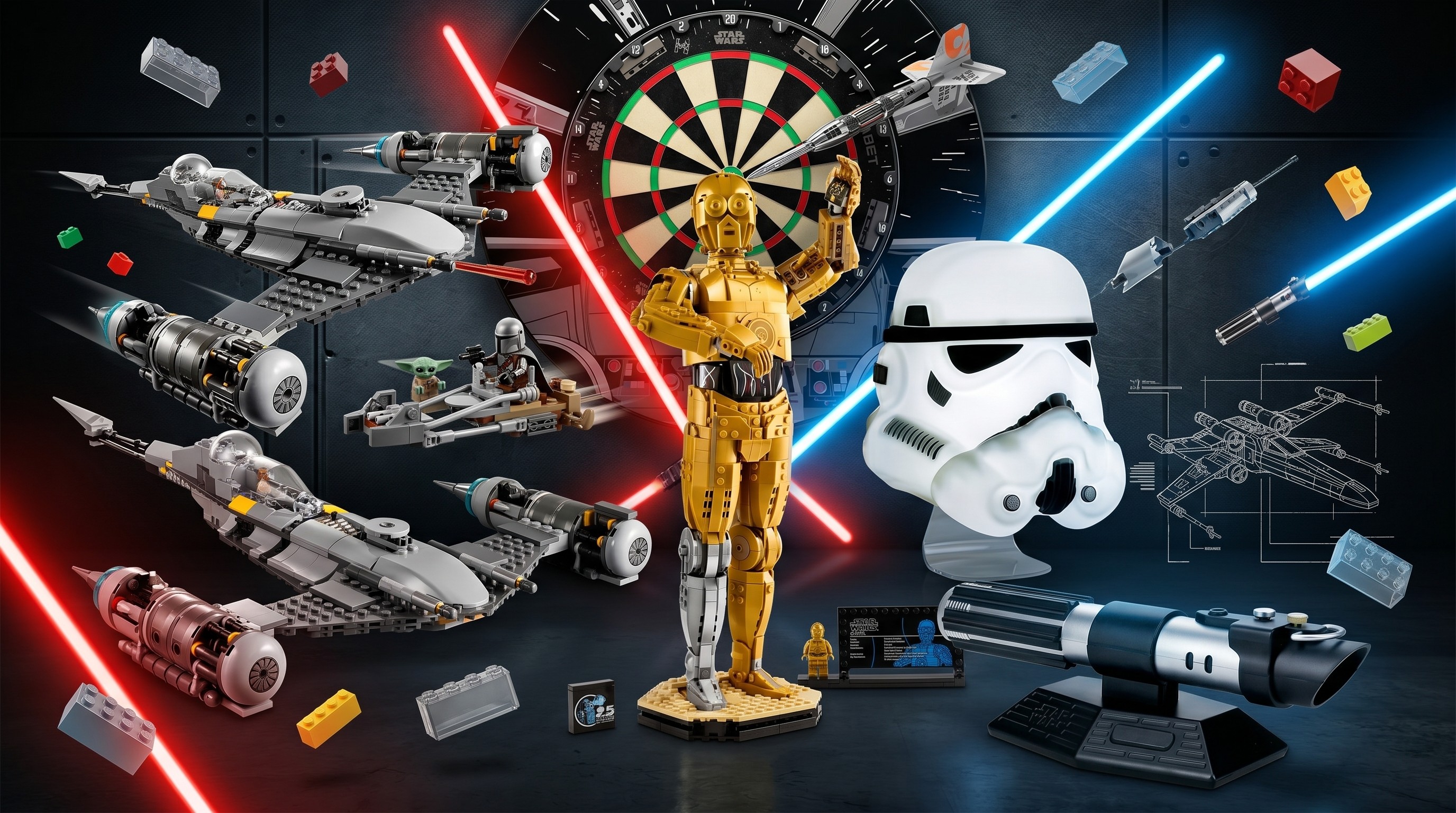 A collage of Star Wars merch on sale at Currys for Star Wars Day, including Lego, darts sets and lights.