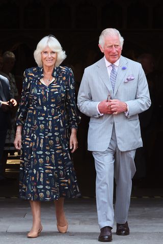 Camilla, Duchess of Cornwall and Prince Charles, Prince of Wales depart Exeter Cathedral on July 19, 2021 in Exeter, United Kingdom. Founded in 1050, The Cathedral continues to offer daily Christian worship and choral music, alongside its roles as a community hub, heritage destination and venue for concerts and events.