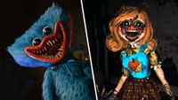 Huggy Wuggy and Miss Delight, two grinning monsters