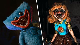 Huggy Wuggy and Miss Delight, two grinning monsters