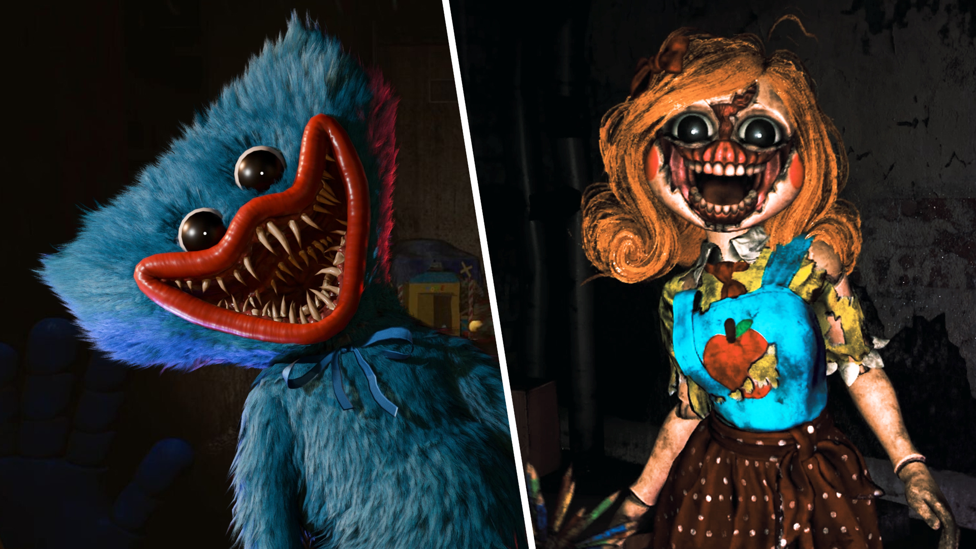 Huggy Wuggy and Miss Delight, two grinning monsters