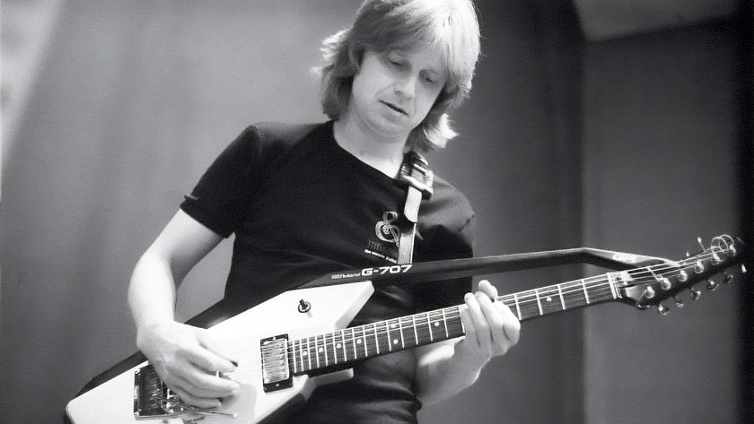 Swedish guitarist Janne Schaffer performs with a Roland G-707 guitar synthesizer controller in 1984.