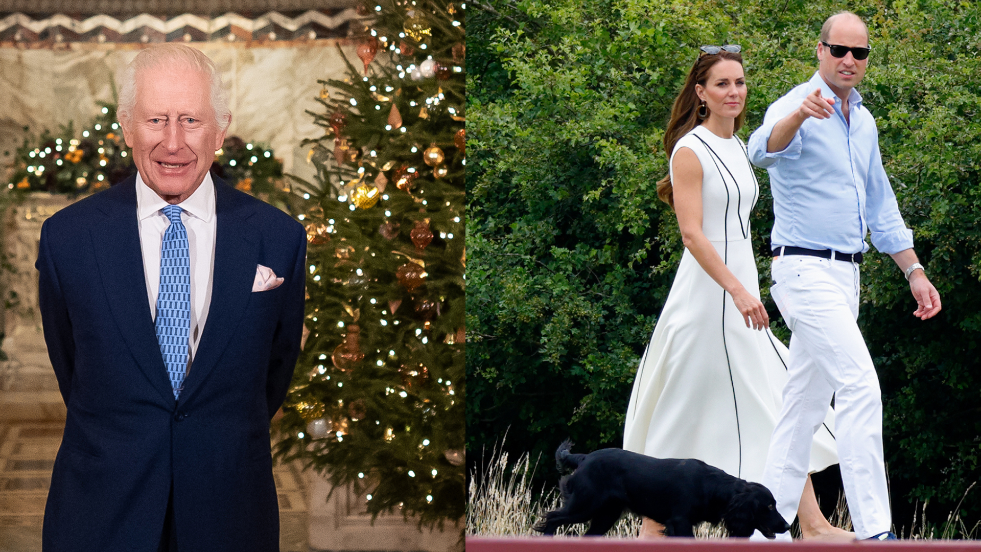 King Charles standing in front of a Christmas tree in a blue suit and tie; Prince William, wearing a blue shirt and white trousers, and Kate Middleton, wearing a white dress, walking their dog in front of a tree