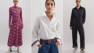 Three models wearing a bright coloured pink dress, a striped white and black shirt and a black denim jumpsuit from ME+EM, shot against a light background