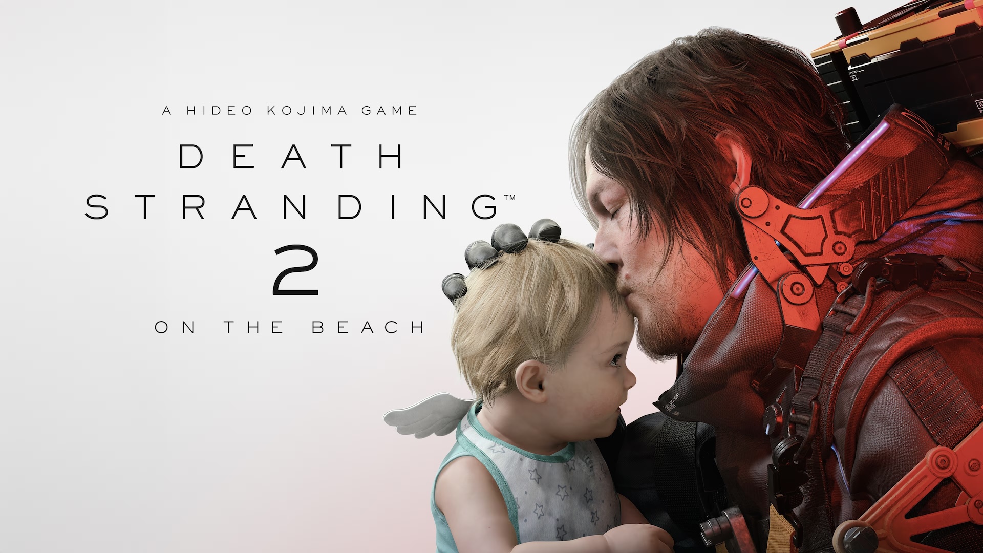 A man kissing a baby on the forehead with the Death Stranding logo appearing in front of them