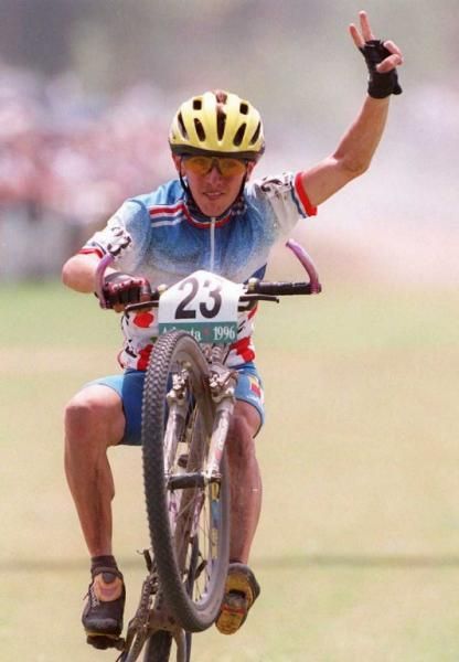 Miguel Martinez (France) celebrates a third place finish at the 1996 Olympic Mountain Bike Games