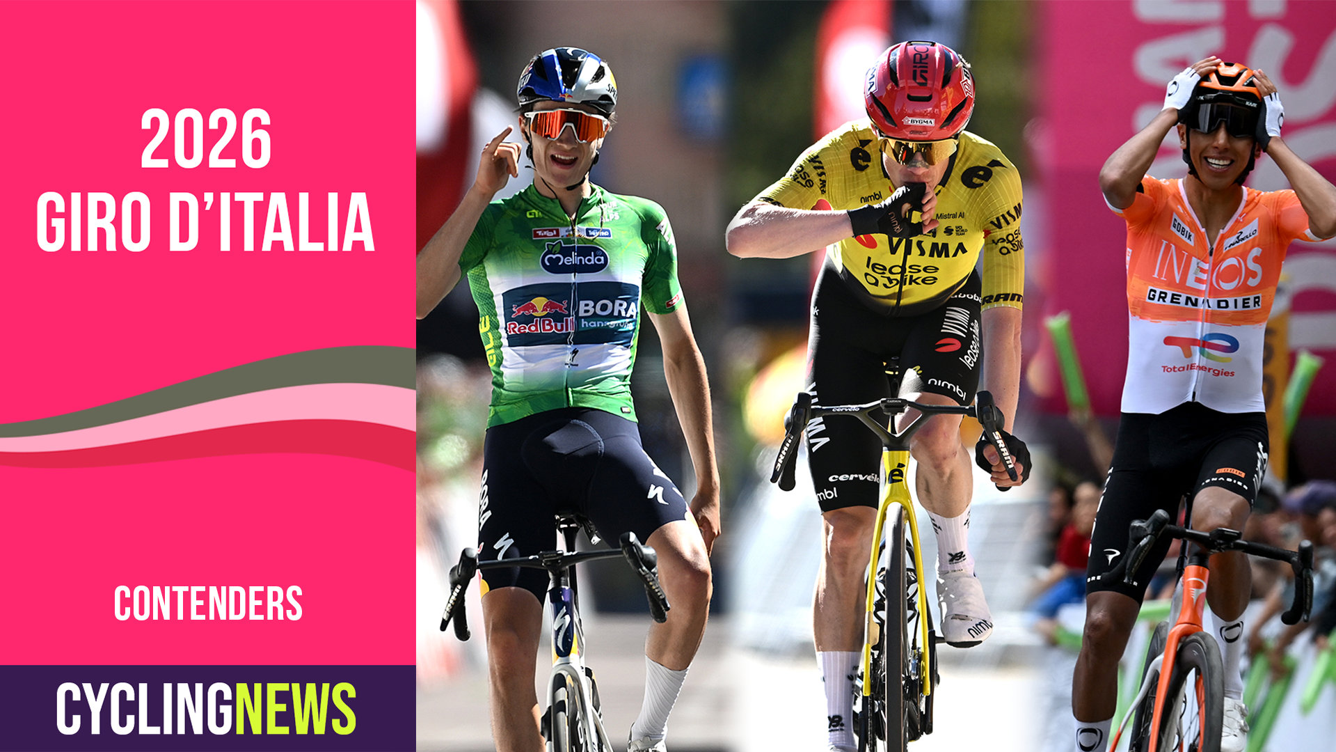 Giulio Pellizzari, Jonas Vingegaard and Egan Bernal feature on Cyclingnews' 2026 Giro d'Italia contenders banner