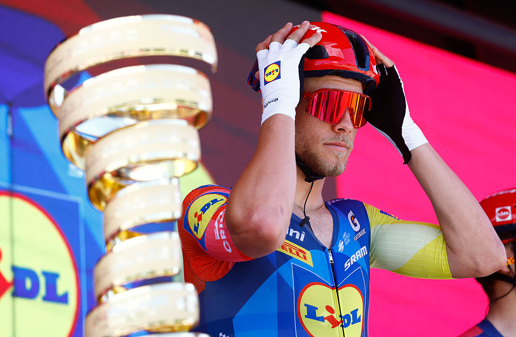 Lidl - Trek Italian rider Jonathan Milan looks on during the presentation of the teams prior the 3nd stage of the Giro d'Italia 2026 - Tour of Italy cycling race between Plovdiv and Sofia, Bulgaria, on May 10, 2026. (Photo by Luca Bettini / AFP)