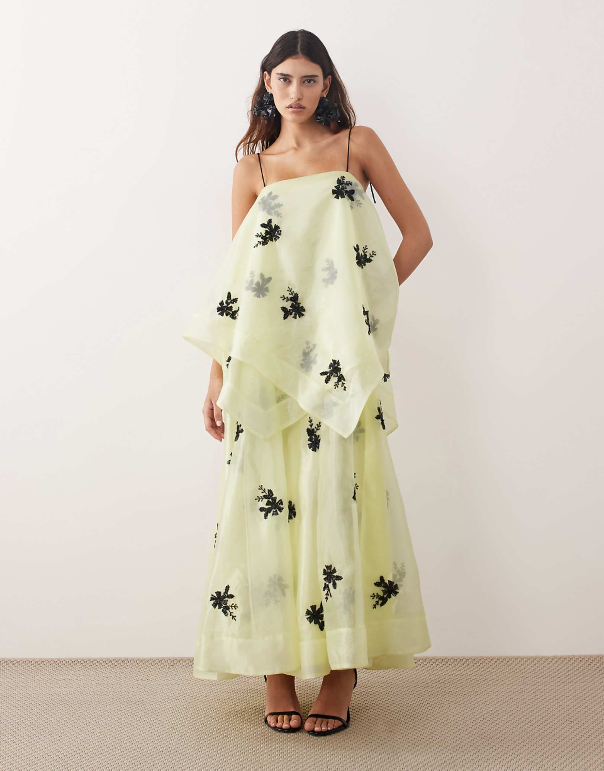 Arrange Organza Floral Embellished Trapeze Maxi Dress in Yellow