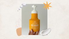 Image of hand holding the orange bottle of Sol de Janeiro's Badalada Body Lotion, with swatches of white lotions and orange graphics on a neutral background