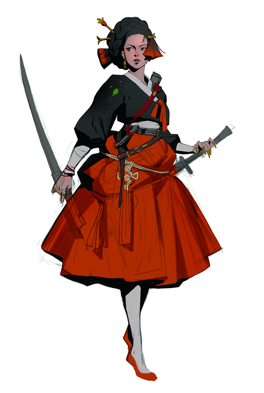 Colourful digital art showing a woman dressed in traditional Korean costume